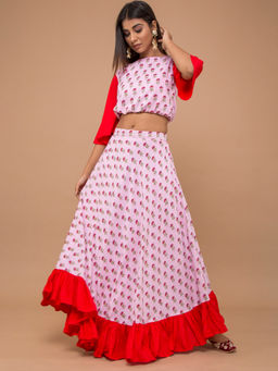 Lavanya The Label - Pink Booti Printed Lehenga With Blouse (Set of 2)