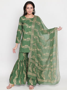 Lavanya The Label - Cotton Green Kurta & Sharara With Dupatta (Set of 3)