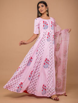 Lavanya The Label - Pink Long Anarkali Dress With Dupatta (Set of 2)