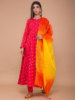Lavanya The Label - Red Anarkali Bandhej Suit With Churidar And Dupatta (Set of 3)