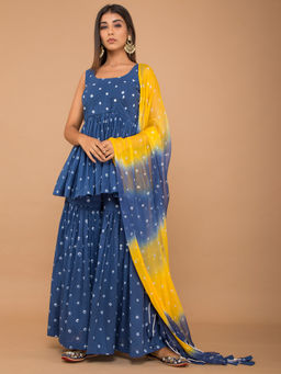 Lavanya The Label - Blue Peplum Style Bandhej Sharara Set With Dupatta (Set of 3)