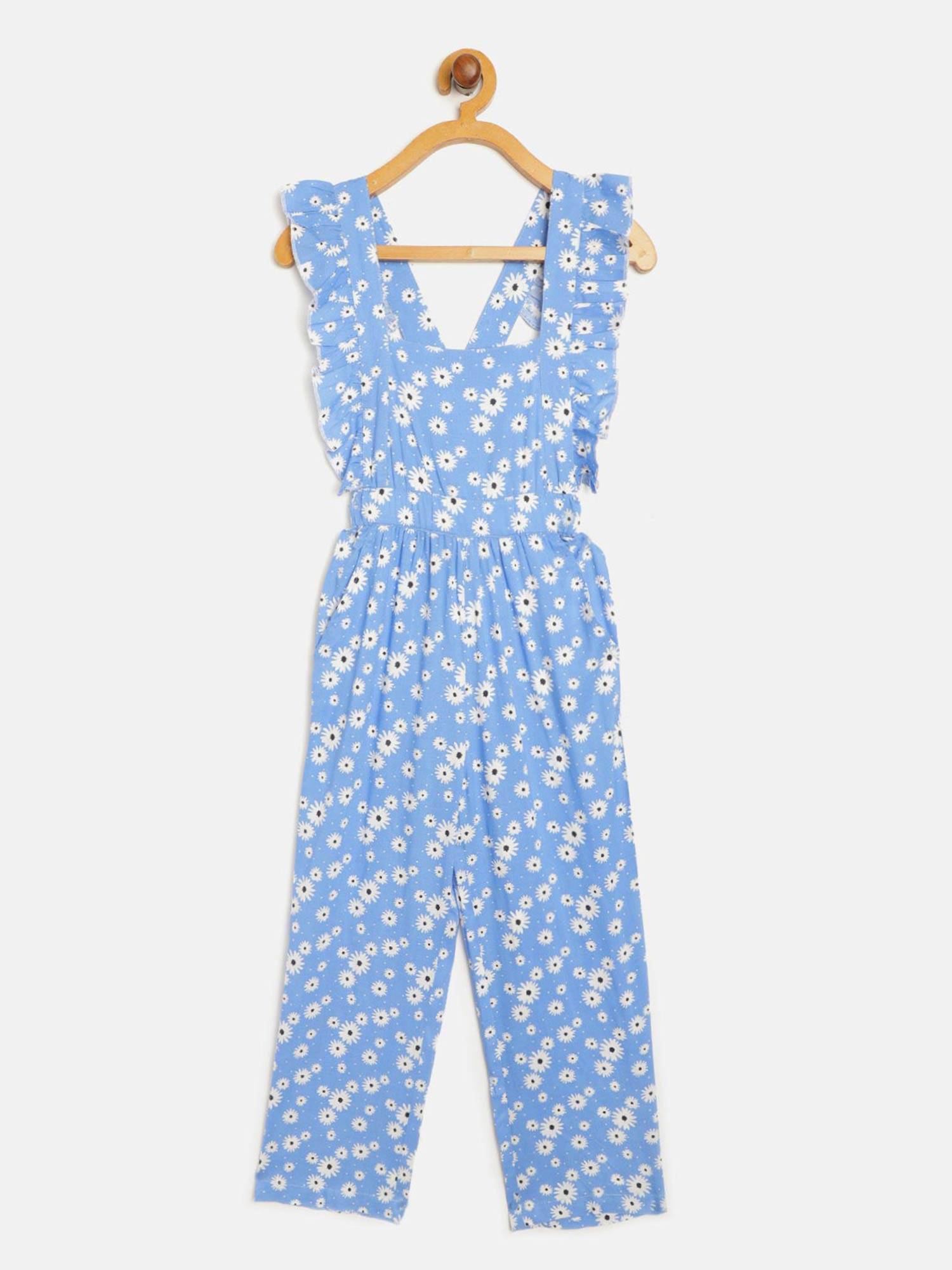 Buy Luyk Blue Floral Frill Jumpsuit 