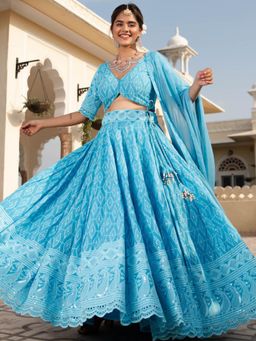 Lavanya The Label - Sky Blue Cotton Lehenga (Set of 3)