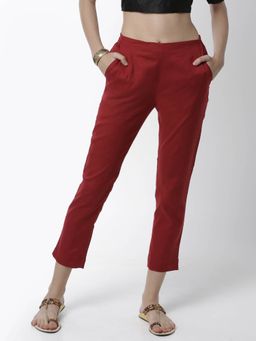 De Moza - Ladies Cigarette Pant Woven Bottom Solid Cotton Maroon