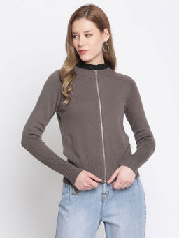 Madame - Solid Round Neck Casual Women Grey Sweater