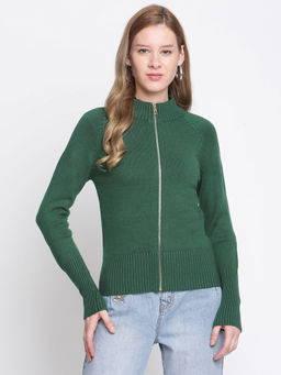 Madame - Self Design Round Neck Casual Women Green Sweater