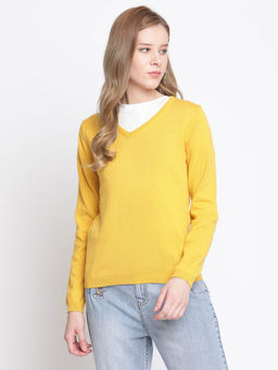 Madame - Solid V Neck Casual Women Yellow Sweater