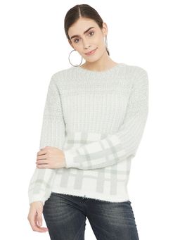 Madame - Checkered Round Neck Casual Women Light Green, White Sweater