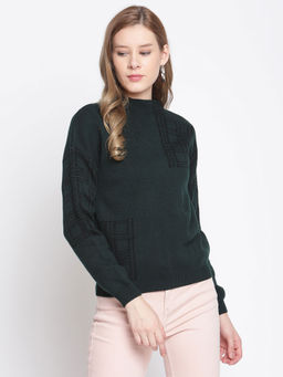 Madame - Checkered High Neck Casual Women Green Sweater