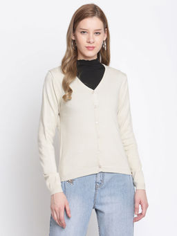 Madame - Solid V Neck Casual Women Beige Sweater