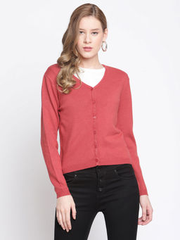 Madame - Solid V Neck Casual Women Pink Sweater