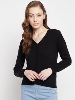Madame - Women Black Woolen Cardigan Sweater
