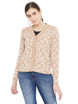 Madame - Floral Print V Neck Casual Women Beige Sweater