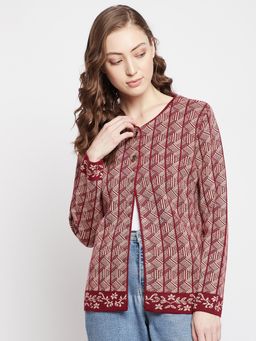 Madame - Women Maroon & White Cardigan