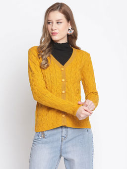 Madame - Self Design V Neck Casual Women Yellow Sweater