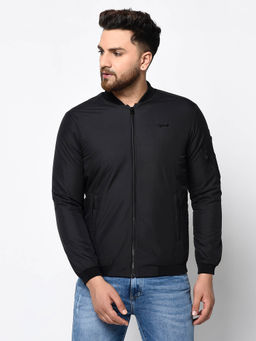 SPIRIT - Black Stand Collar Solid Windcheater Bomber Jacket