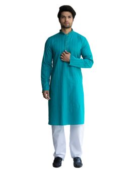 Manyavar - Cotton Blend Turquoise Kurta Pajama (Set of 2)