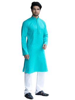 Manyavar - Cotton Blend Turquoise Kurta Pajama (Set of 2)