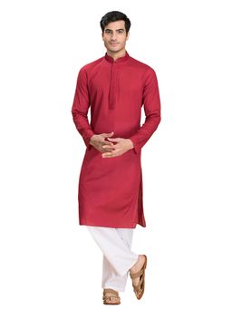 Manyavar - Cotton Blend Maroon Kurta Pajama (Set of 2)