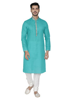 Manyavar - Feroze Green Silk Cotton Blend Kurta with Pencil Pajama (Set of 2)