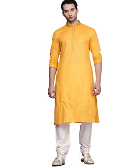 Manyavar - Yellow Cotton Blend Plain Kurta Churidar (Set of 2)