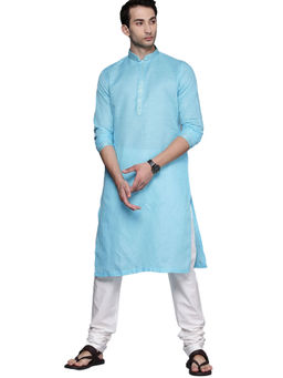 Manyavar - Blue Cotton Blend Self Design Kurta Churidar (Set of 2)