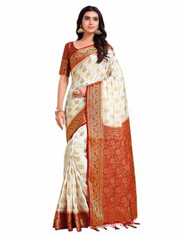 Mimosa - Womens Kanjivaram Art Silk Saree With Unstiched Brocade Blouse Off White