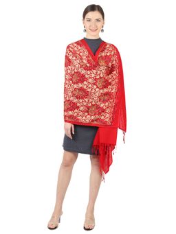 MUFFLY - Fine Wool Nalki Embroidery Zari Stole -Red