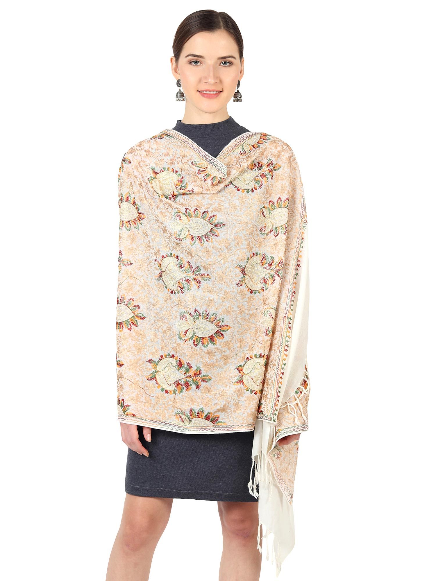 muffly Fine Wool Nalki Embroidery Zari Stole -White-picture-40