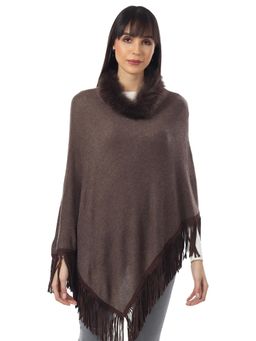 MUFFLY - Poncho With Faux Fur And Sued Tassel -Brown