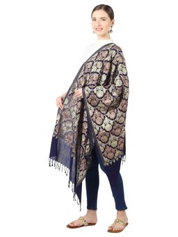 MUFFLY - Fine Wool Zari Embroidery Work Stole -Navy Blue