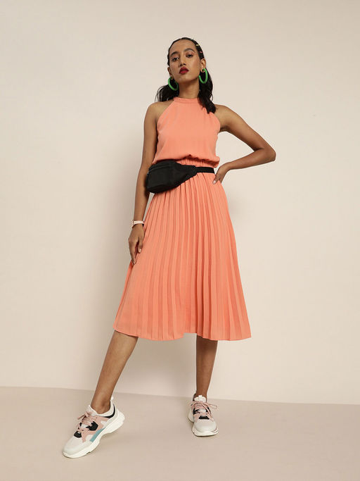 strapless open back dress Valentina coral-pink pleated frilled midi dress