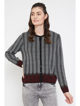 Madame - Self Design Round Neck Casual Women Black Sweater