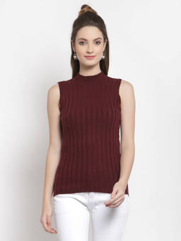 Mafadeny - Women Maroon High Neck Sleeveless Pullover