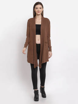 Mafadeny - Women Solid Full Sleeve Brown Longline Shrug