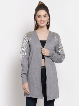 Mafadeny - Women Embellished V-Neck Full Sleeve Grey Viscose Longline Shrug
