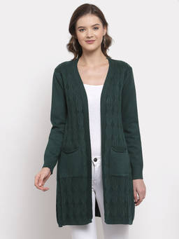 Mafadeny - Women Green Self Design Full Sleeve Longline Shrug