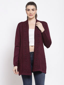 Mafadeny - Women Purple Full Sleeve Embellished Longline Shrug
