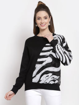 Mafadeny - Women Embellished Round Neck Black Full Sleeve Viscose Sweater