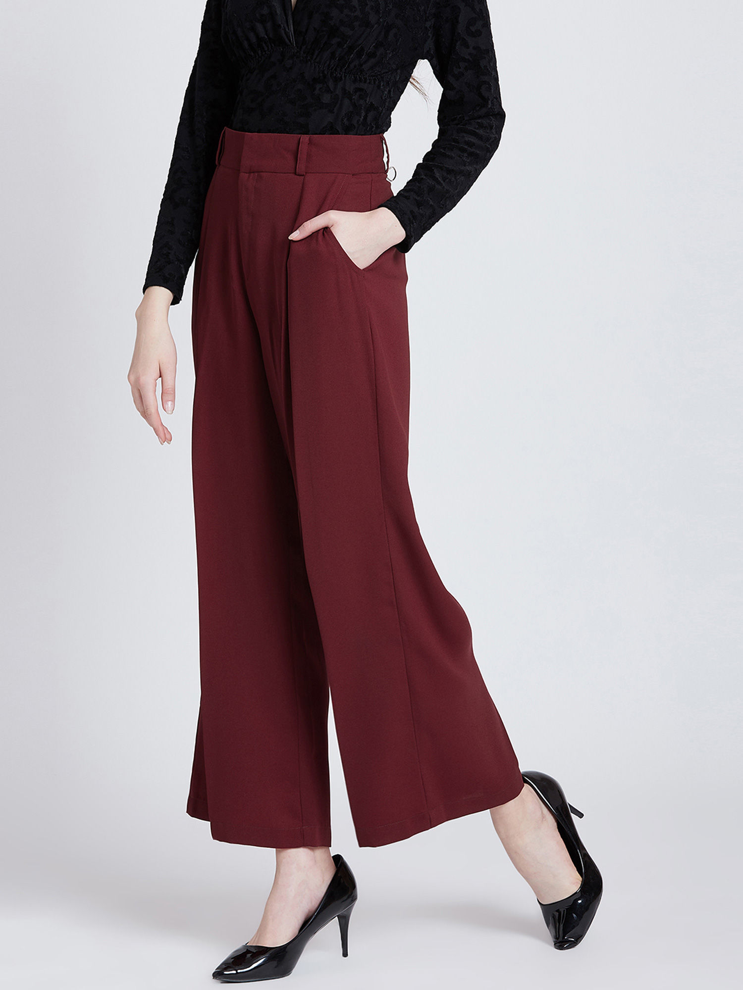 Buy Magre Maroon Wide Leg Pleated Pants 