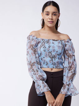 Magre - Womens Light Blue Printed smocked crop Top