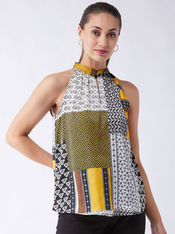 Magre - Black Yellow Print Satin High Neck Front Key Hole Top