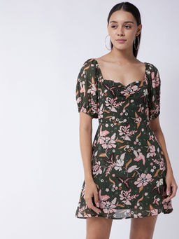Magre - Green Printed Sweetheart Neck Dress