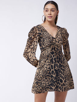 Magre - Brown Animal Bishop Sleeves Dress