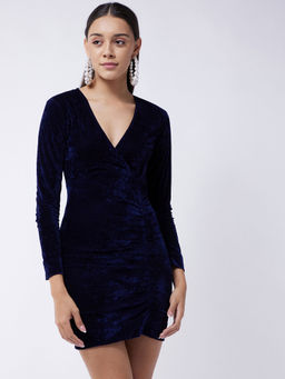 Magre - Blue Solid Velvet V Neck Fitted Dress