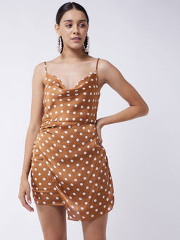 Magre - Brown Polka Dot Satin Wrap Mini Dress