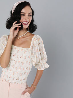 Magre - Beige Printed Front Smocking Top