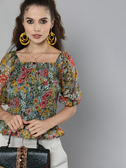 Magre - Blue Printed Front Smocking Top