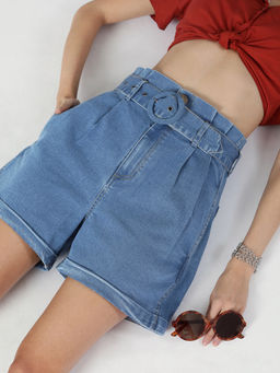 Magre - Blue Denim High Waist Belted Shorts (Set of 2)