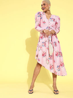 Magre - Pink Lurex Asymmetric Flared Dress